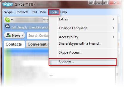 Fig 3 - Choose Options to open the settings dialog box of Skype