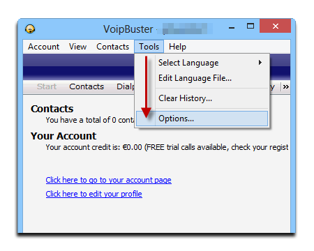 Open VoIP Buster Options dialog box