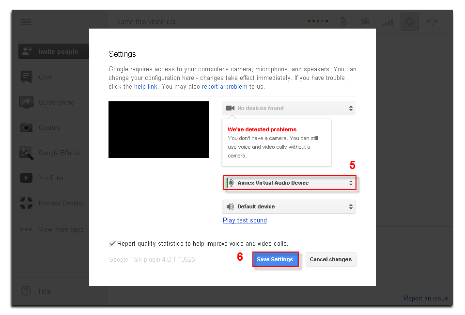 Google+ Hangout calling with VCSD - Hangouts microphone device