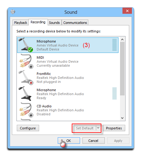 Sound settings window