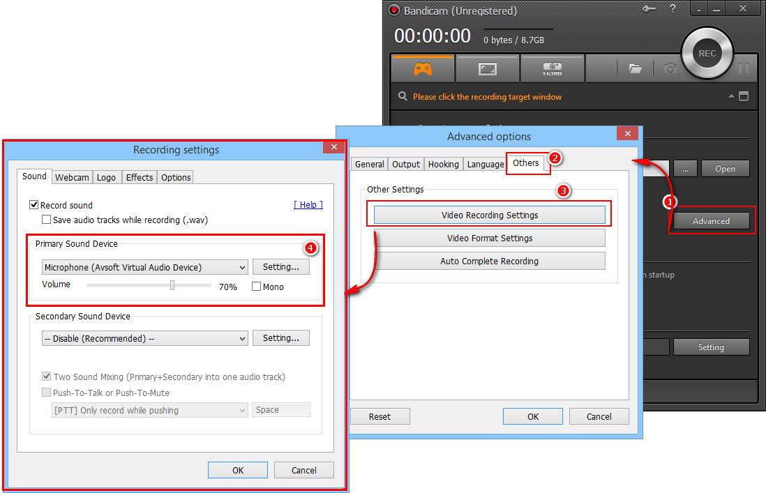 Fig 2: Select Audio Settings in Bandicam