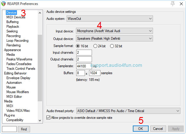 Audio settings of Reaper