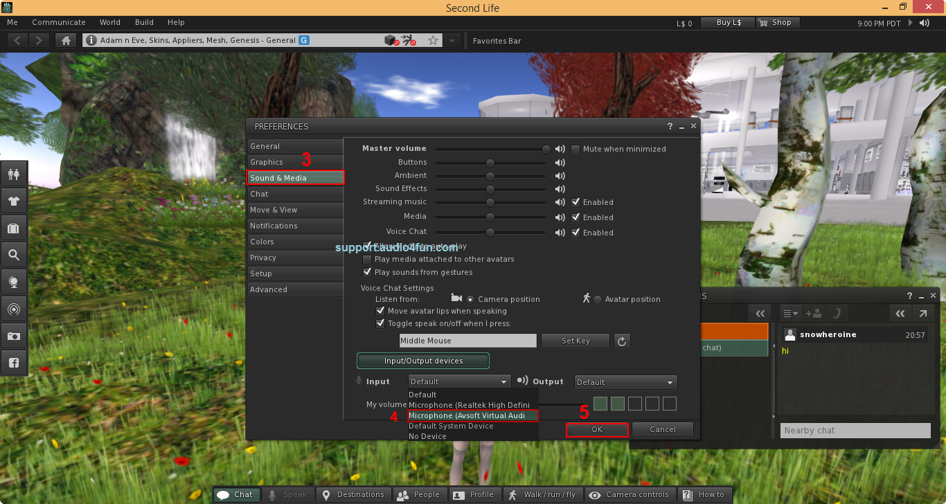 Audio settings of Second Life