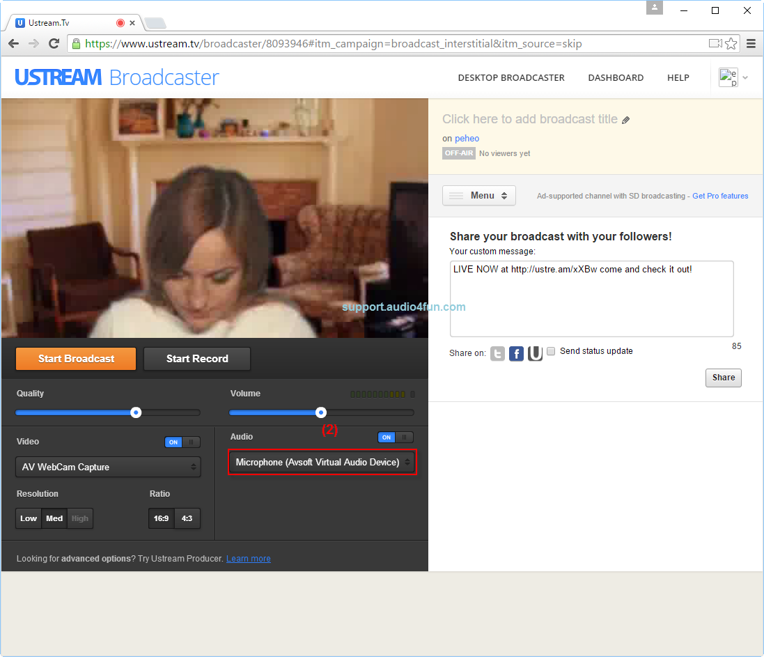 Audio settings of Ustream.tv