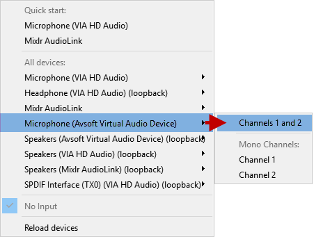 Fig 3: Choose Avsoft Virtual Audio Device as Input Source in Mixlr