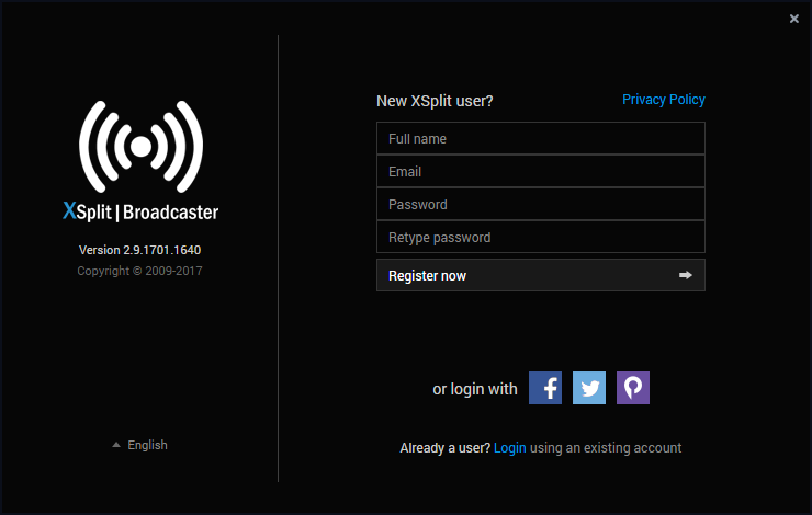 Fig 2: XSplit Broadcaster Login Screen