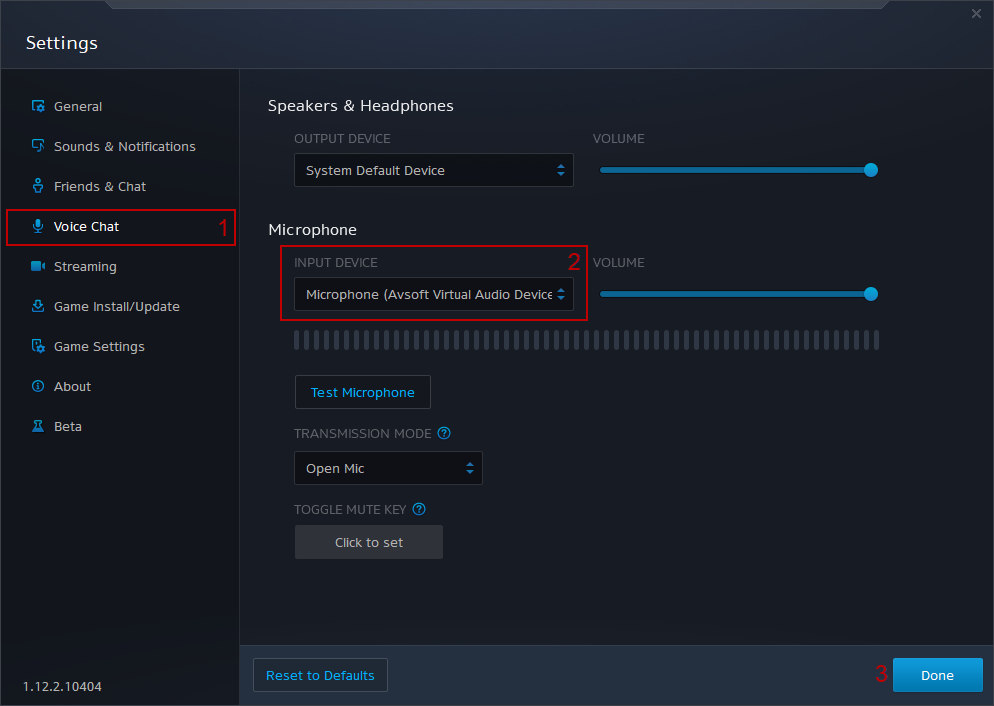 Blizzard Audio Input Settings