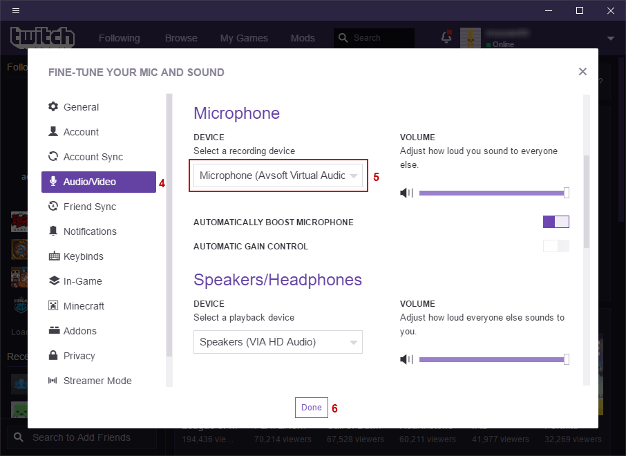 Fig 4: Twitch Deskop - Microphone Device