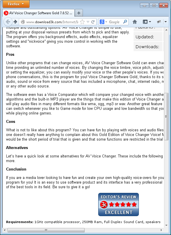 Softpedia editor review for AV Voice Changer Software Gold