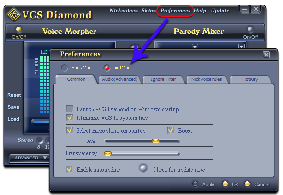 Fig 1: Voice Changer Software Diamond - Preferences