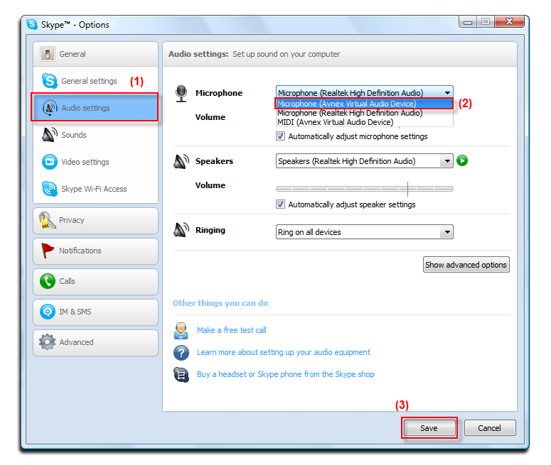 Figure 4: Choose Microphone (Avnex Virtual Audio Device)